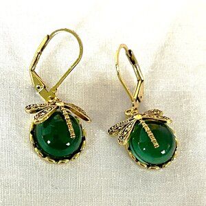Emerald Green & Gold Dragonfly Earrings NWT